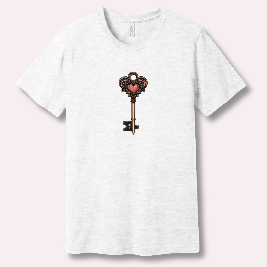 Ash T-shirt with heart key graphic symbolizing trust and chosen love – Valentine’s Day design