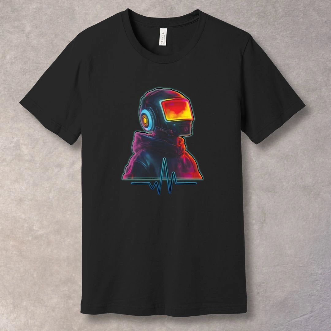 Futuristic neon pulse Black T-shirt featuring a glowing helmet character and heartbeat line design.
