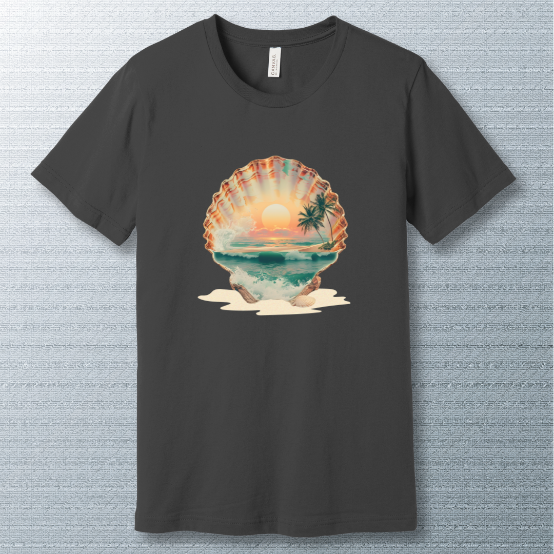 Artistic seashell with a tropical beach scene inside, featuring ocean waves, palm trees, and a vibrant sunset – dreamy summer aesthetic illustration. Asphalt T-shirt.