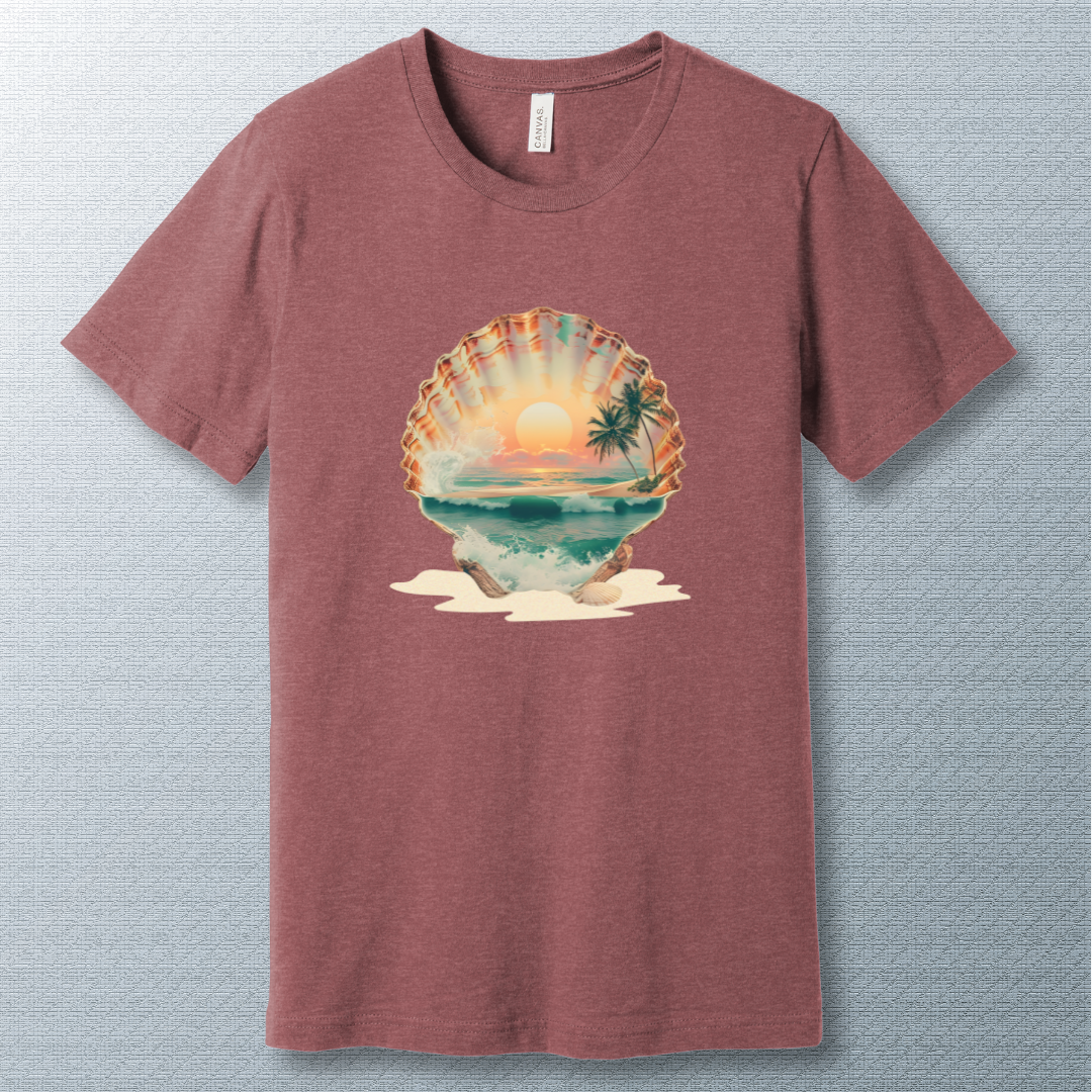 Artistic seashell with a tropical beach scene inside, featuring ocean waves, palm trees, and a vibrant sunset – dreamy summer aesthetic illustration. Heather Mauve T-shirt.
