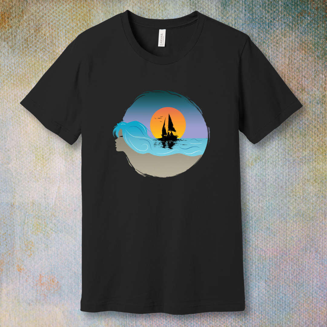 Black T-shirt with sailboat illustration and sunset sky, displayed flat on a soft background