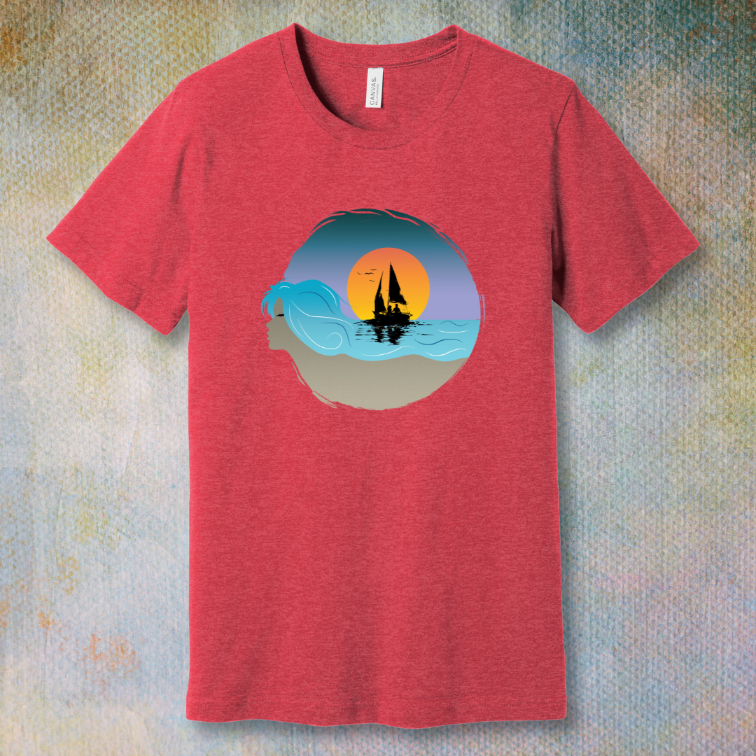 Heather Red T-shirt with sailboat illustration and sunset sky, displayed flat on a soft background