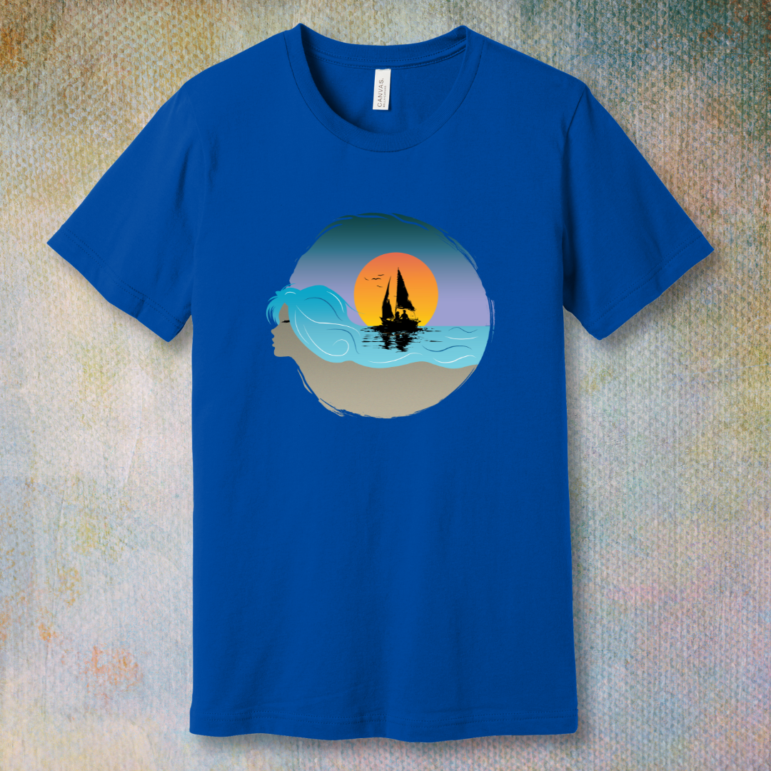 True Royal T-shirt with sailboat illustration and sunset sky, displayed flat on a soft background