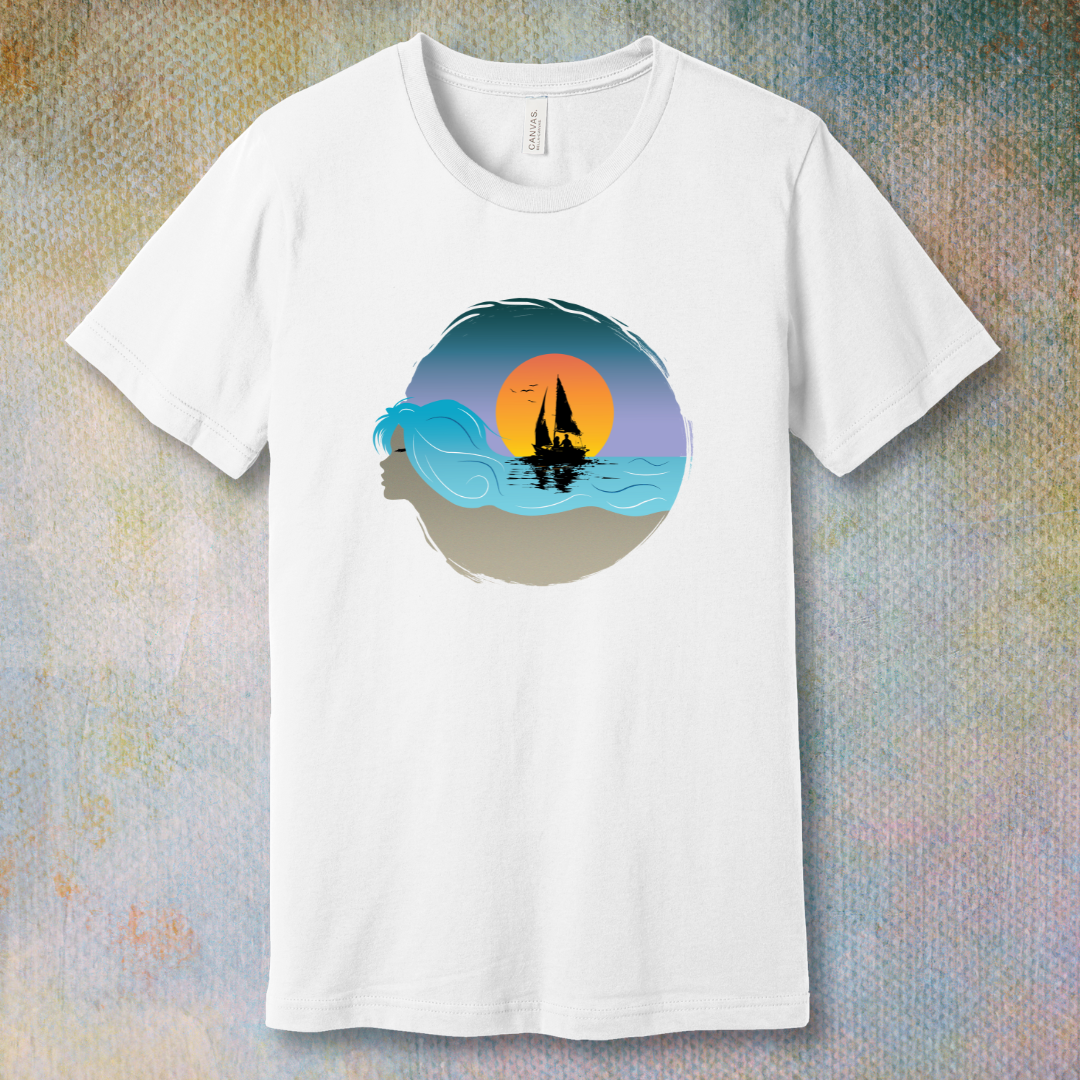 White T-shirt with sailboat illustration and sunset sky, displayed flat on a soft background