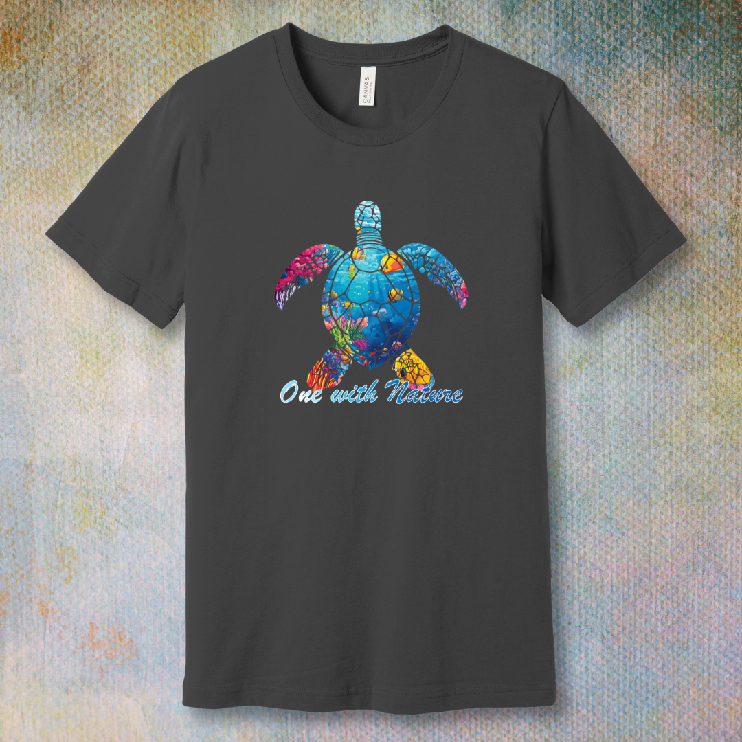 Asphalt T-shirt with a colorful sea turtle filled with ocean life and the phrase “One with Nature”