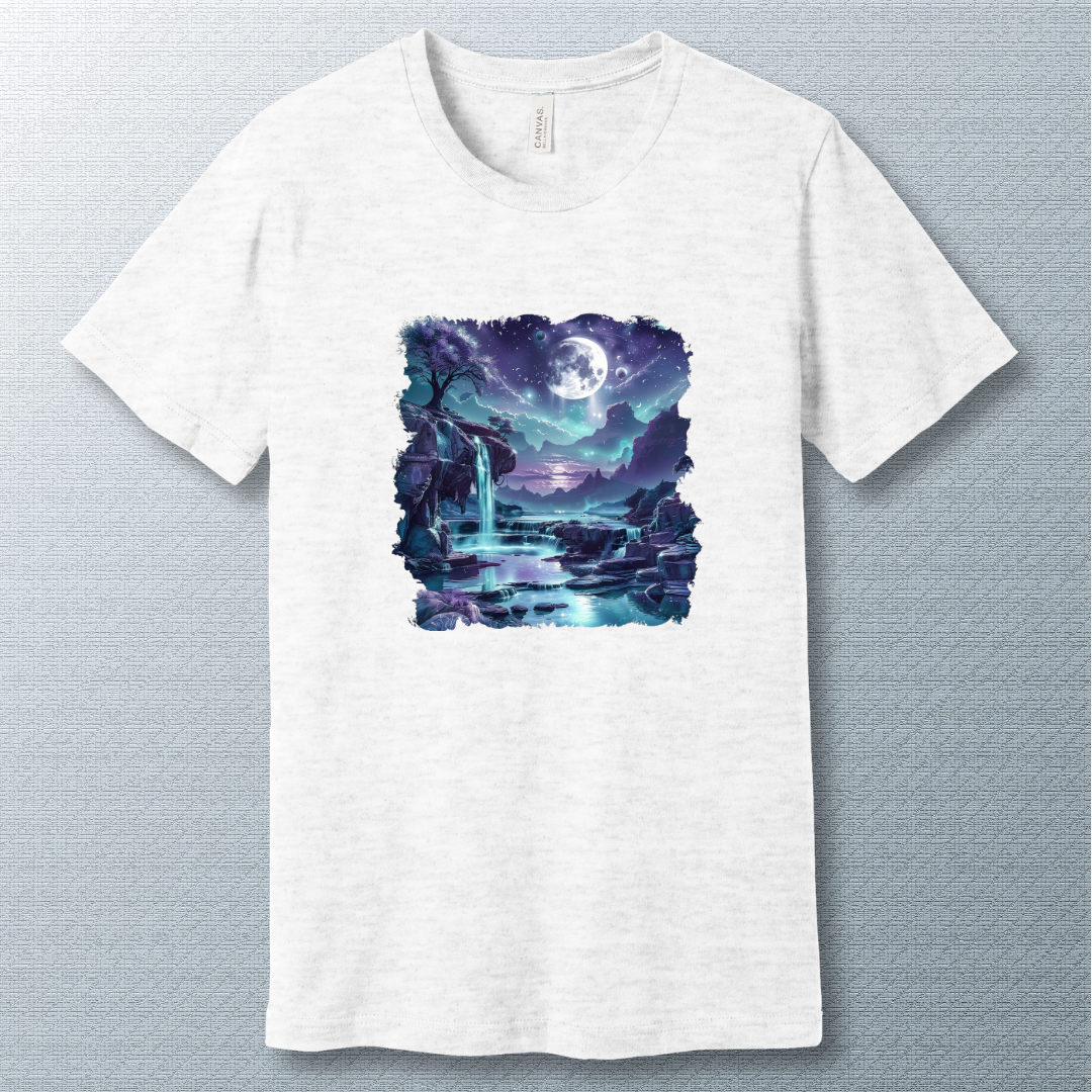Serenity in Blues T-Shirt – Dreamy Moonlit Waterfall Graphic Tee