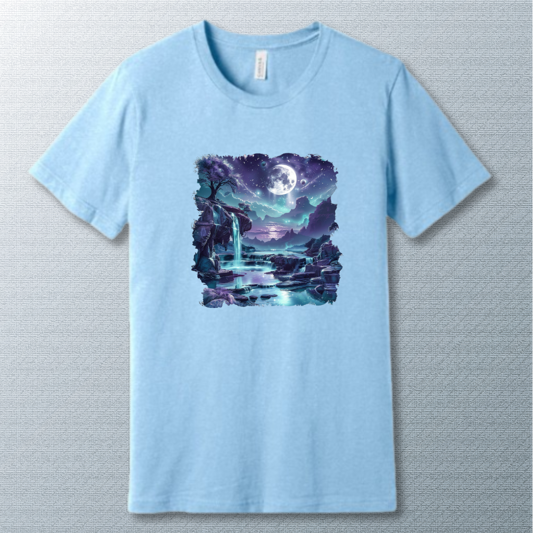 Serenity in Blues T-Shirt – Dreamy Moonlit Waterfall Graphic Tee