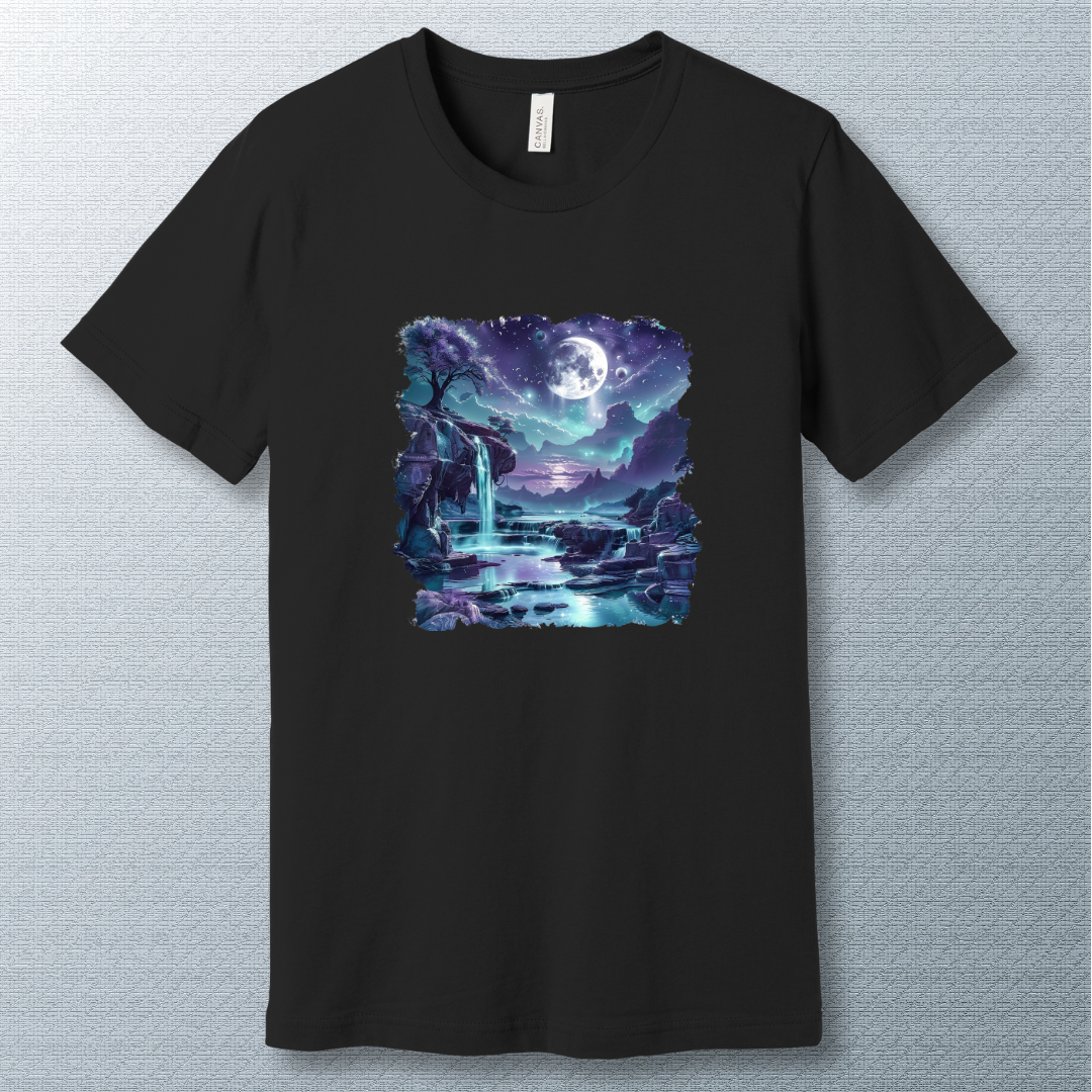 Serenity in Blues T-Shirt – Dreamy Moonlit Waterfall Graphic Tee