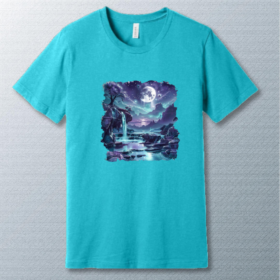 Serenity in Blues T-Shirt – Dreamy Moonlit Waterfall Graphic Tee