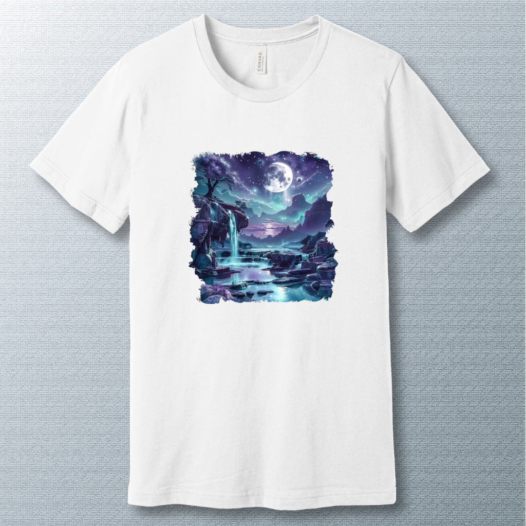 Serenity in Blues T-Shirt – Dreamy Moonlit Waterfall Graphic Tee