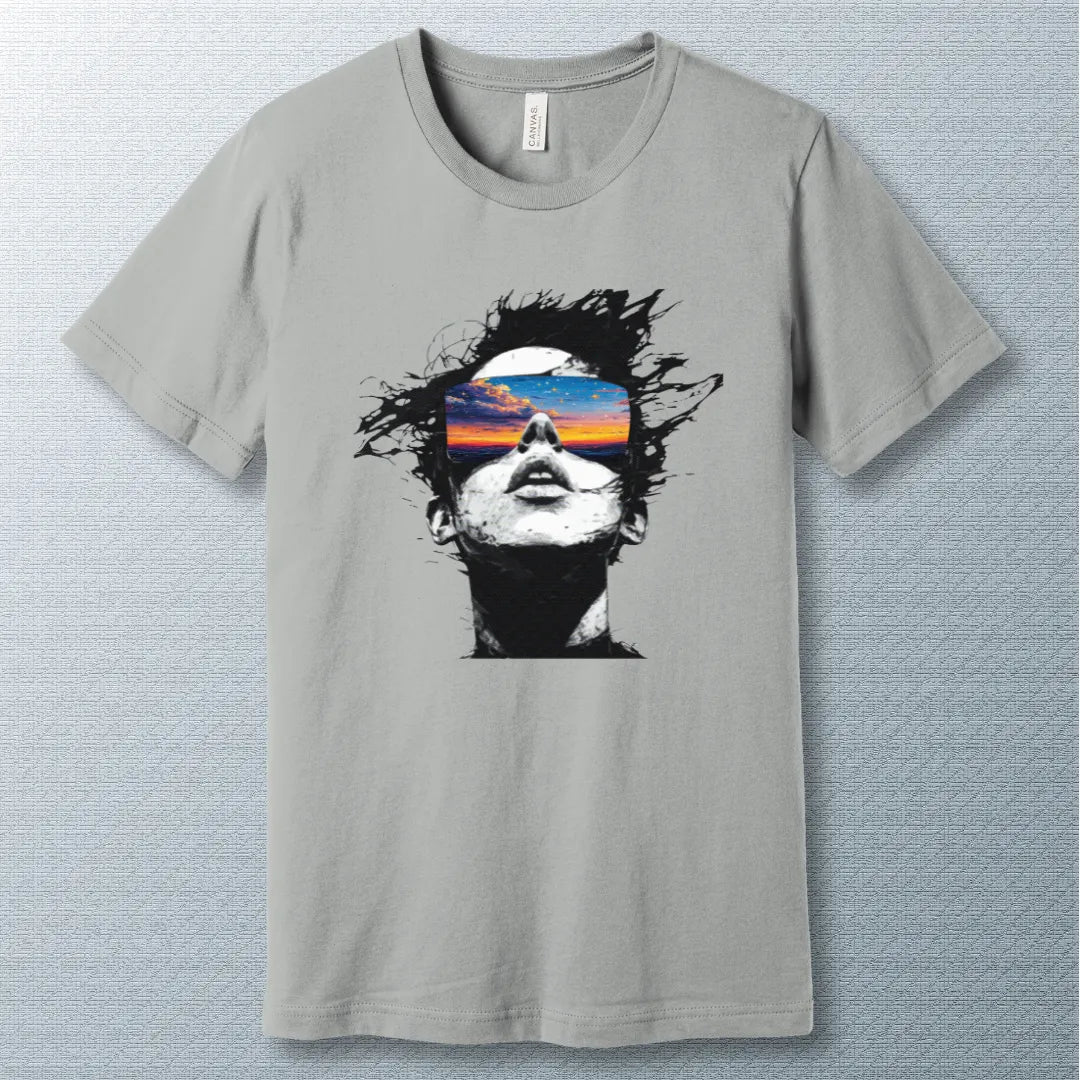 Silver Vision Beyond Reality T-Shirt featuring an abstract artistic design that symbolizes limitless imagination and creative thinking.