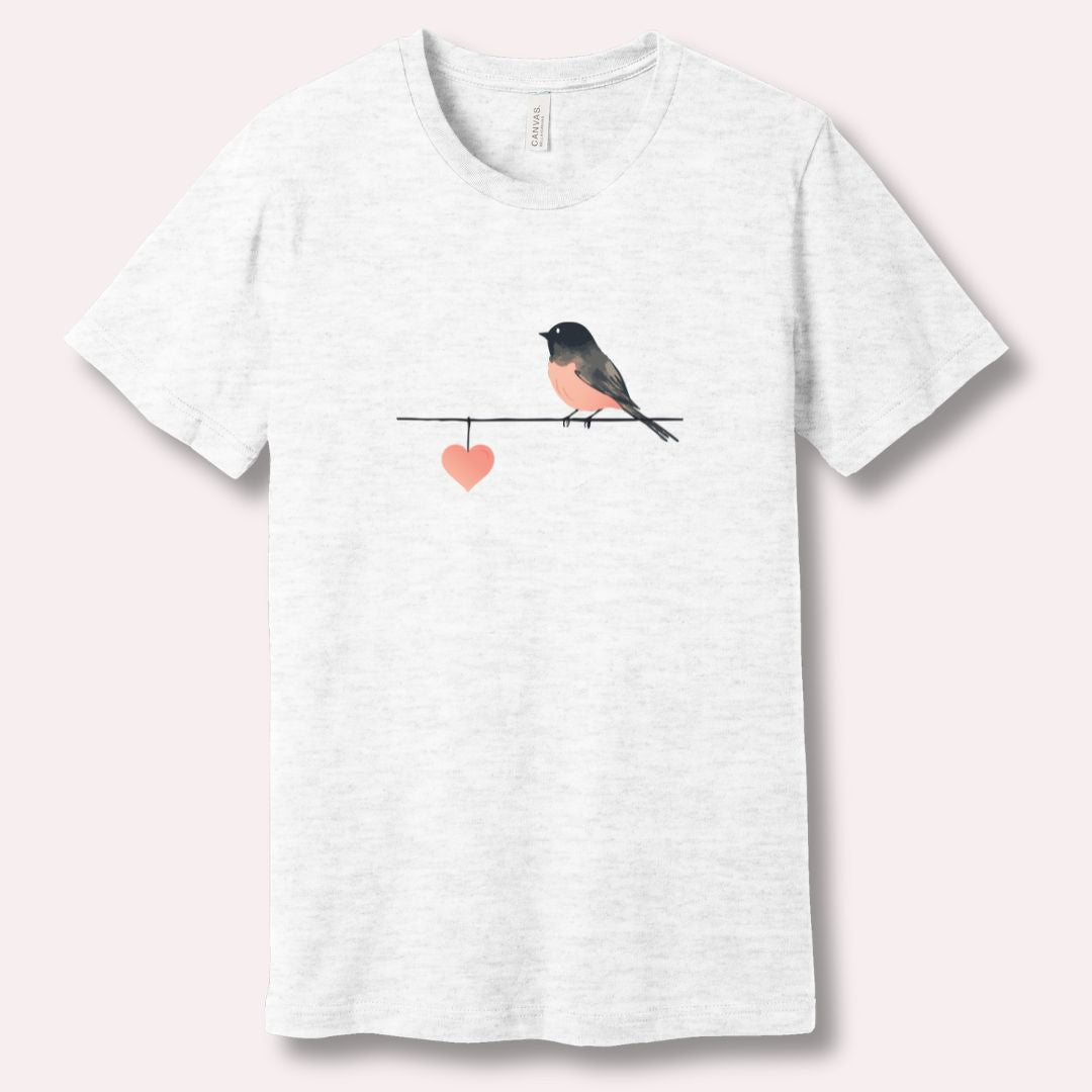 Ash t-shirt with a bird and heart design for Valentine's 