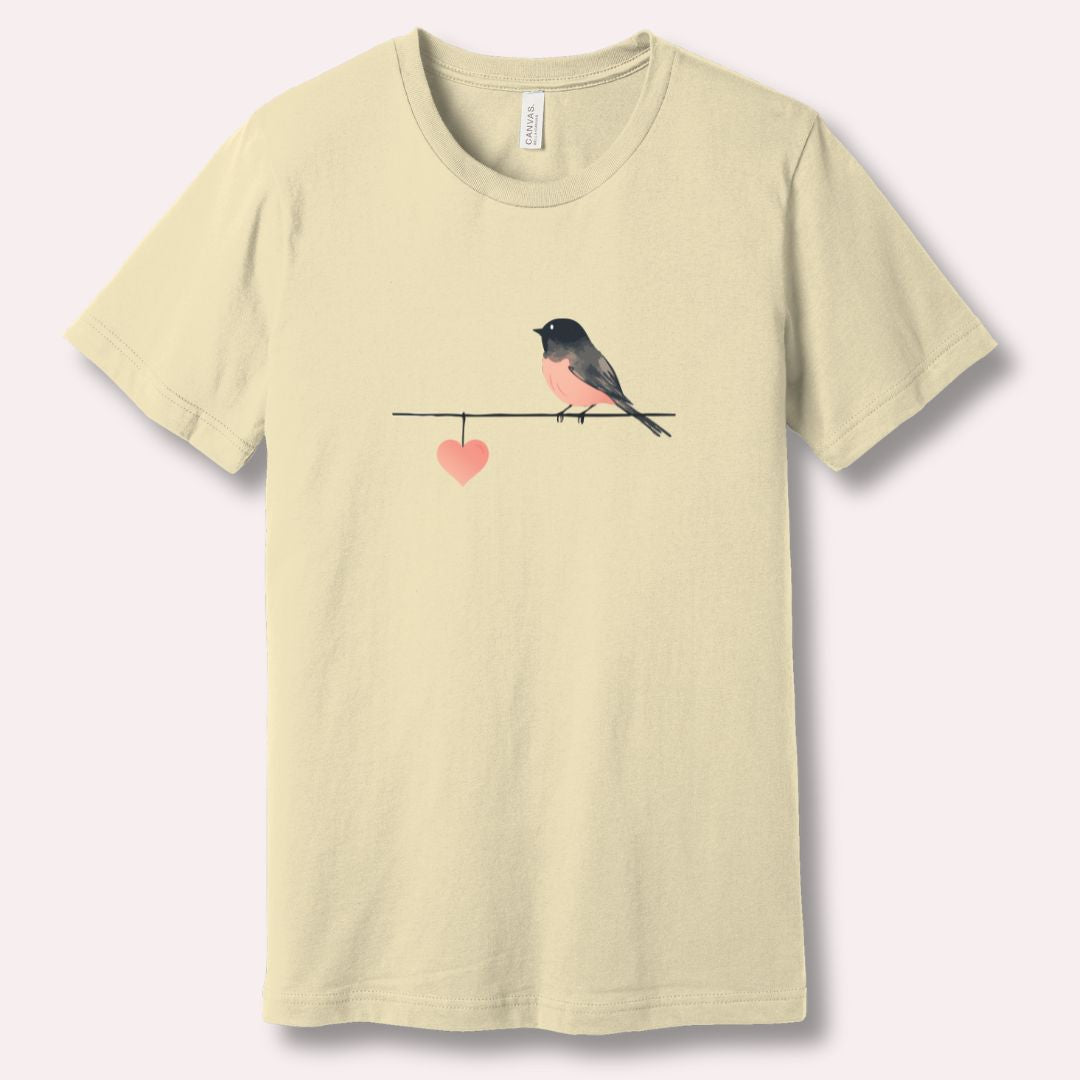 Natural t-shirt with a bird and heart design for Valentine's 