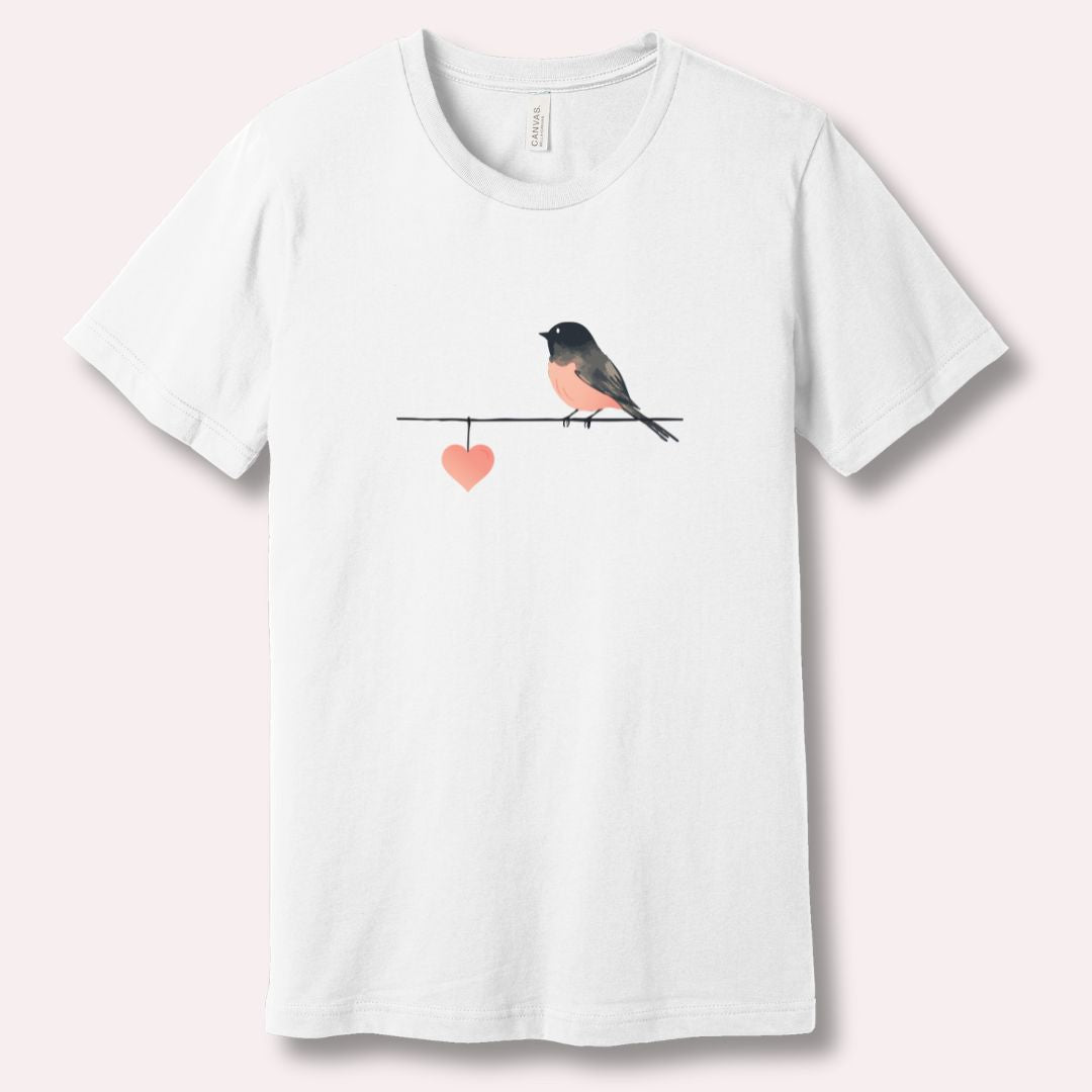 White t-shirt with a bird and heart design for Valentine's 
