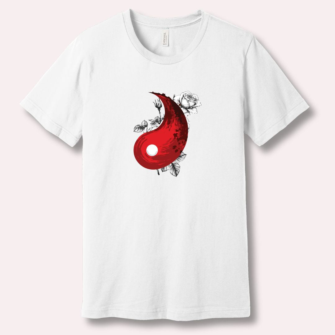 White t-shirt with a red yin symbol design with B&W roses
